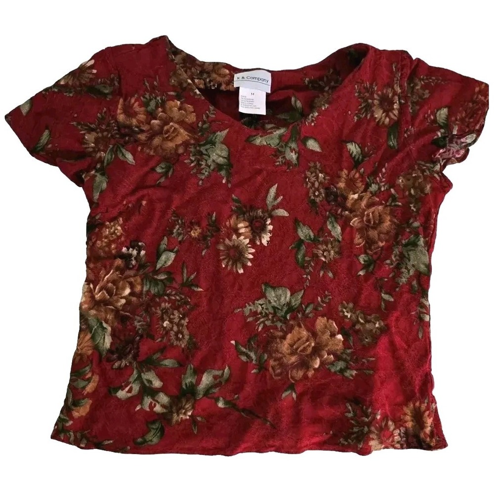 Vintage K & Company Womens Red Floral Short Sleeve Top Blouse Size 14